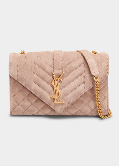 Shop Saint Laurent Envelope Triquilt Ysl Small Shoulder Bag In Suede In Rosy Sand