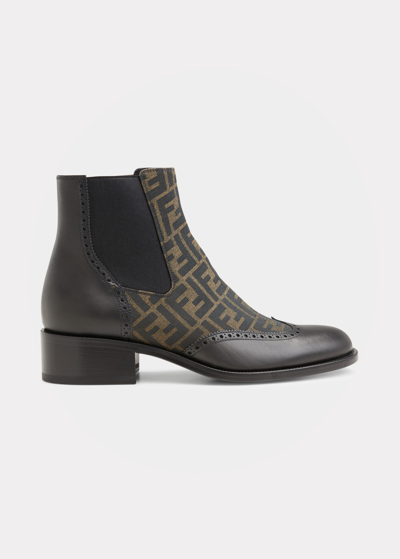 Shop Fendi Men's Stivaletto Leather & Textile Monogram Chelsea Boots In Nerotabac Neroner