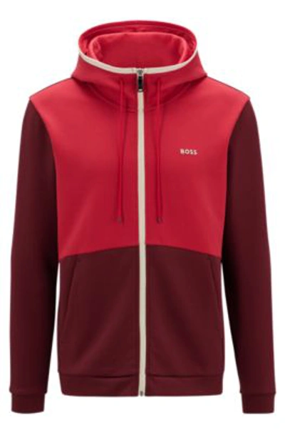 Hugo Boss Cotton-blend Zip-up Hoodie With Logo-tape Inserts- Dark Pink  Men's Tracksuits Size 3xl In Red | ModeSens