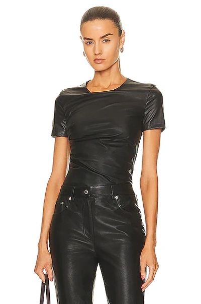 Shop Helmut Lang Faux Leather Twist Short Sleeve Top In Black