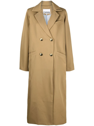 Shop Ganni Double-breasted Recycled Polyester Coat In Brown