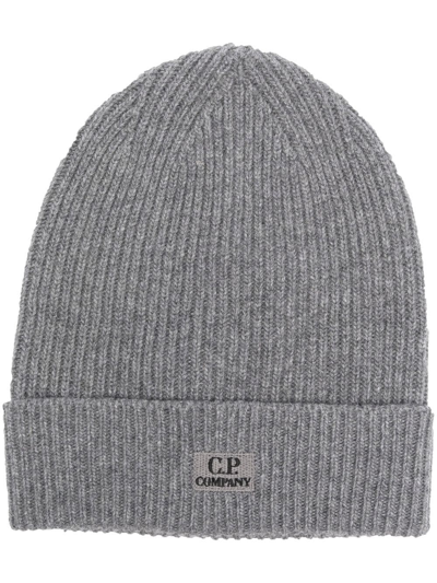 Shop C.p. Company Logo-embroidered Ribbed-knit Beanie In Grau