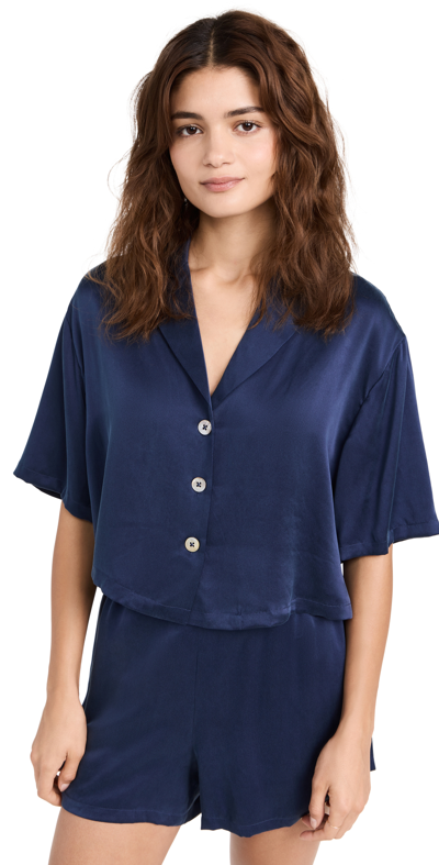 Shop Lunya Washable Silk Button Up Shorts Set Deep Blue