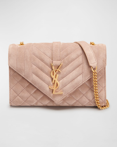 Shop Saint Laurent Envelope Triquilt Ysl Small Shoulder Bag In Suede In Rosy Sand