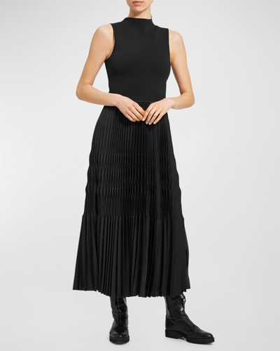 Shop Theory Mock-neck Pleated Satin Combo Midi Dress In Black