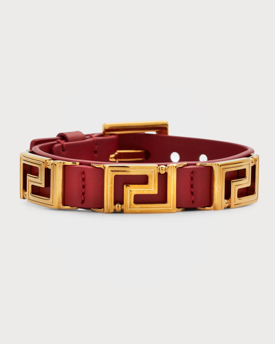 Shop Versace Greca And Leather Buckle Bracelet In Parade Red-versac