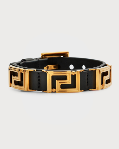 Shop Versace Greca And Leather Buckle Bracelet In Black- Gol
