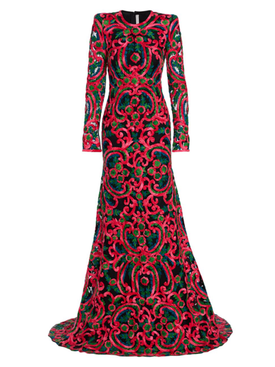 Shop Naeem Khan Women's Cashmere Ribbon-embroidered Gown In Black Multi