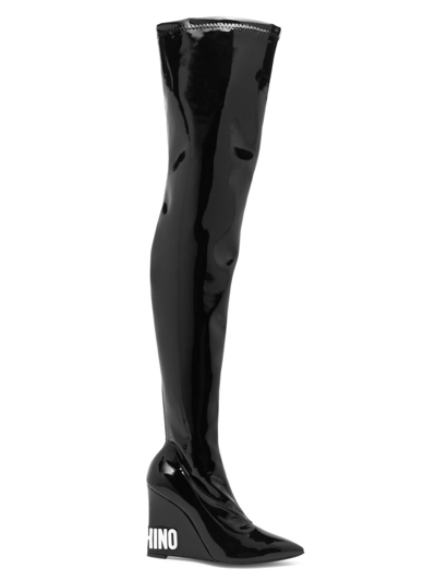 Shop Moschino Women's Vinyl Thigh-high Wedge Boots In Black