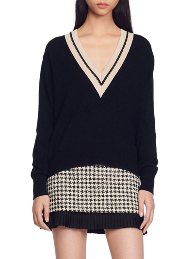 Shop Sandro Women's Sweater With Contrasting V-neck In Black