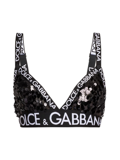 Shop Dolce & Gabbana Women's Embellished Logo Bra In Black