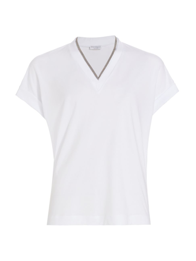 Shop Brunello Cucinelli Women's Embellished V-neck T-shirt In White