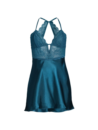 Shop In Bloom Women's Eliza Lace-trim Satin Chemise In Teal