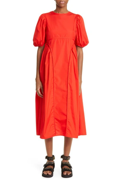 Shop Cecilie Bahnsen Finnegan Puff Sleeve Cotton Poplin Midi Dress In Poppy Red