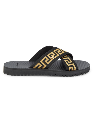 Shop Versace Men's Nastro Greca Sandals In Black Gold