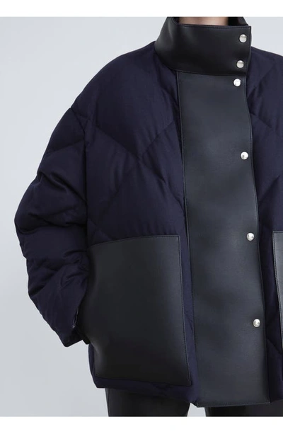 Shop Lafayette 148 Reversible Down Jacket With Leather Trim In Marine Blue