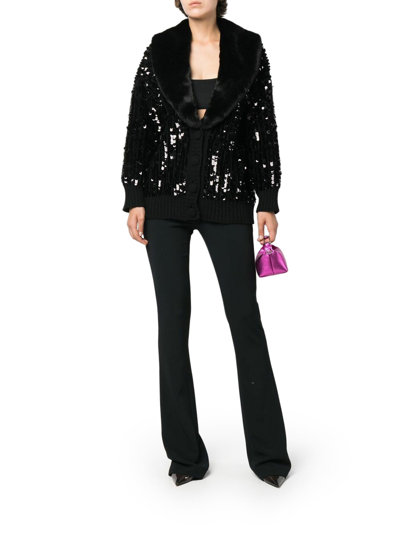 Shop Blumarine Sequin-embellished Faux-fur Trim Cardigan In Black