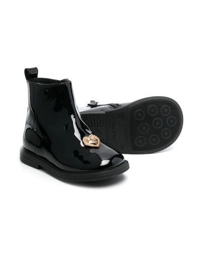 Shop Versace Patent-leather Heart-plaque Boots In 黑色