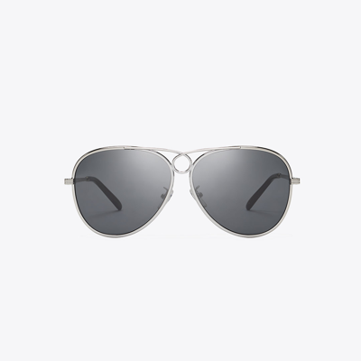 Shop Tory Burch Gloria Pilot Sunglasses In Shiny Silver/grey Gradient