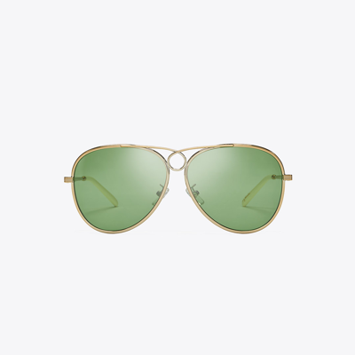 Shop Tory Burch Gloria Pilot Sunglasses In Tory Gold/solid Dark Green