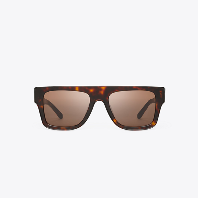 Shop Tory Burch Oversized Geometric Sunglasses In Dark Tortoise/solid Brown