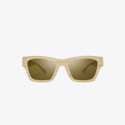Shop Tory Burch Trace Sunglasses In Ivory Horn/solid Olive