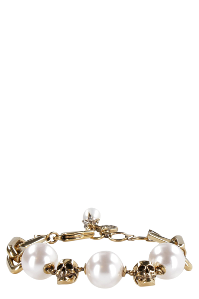 Alexander Mcqueen Pearl-embellished Skull Bracelet In Gold