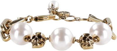 Alexander Mcqueen Pearl-embellished Skull Bracelet In Gold