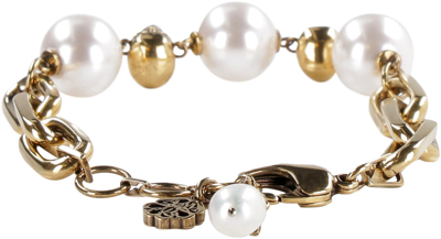 Alexander Mcqueen Pearl-embellished Skull Bracelet In Gold