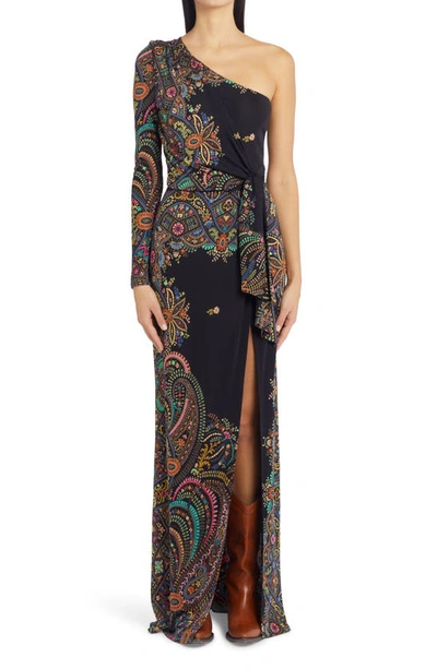 Shop Etro Lulu Floral Print One-shoulder Maxi Dress In Black 1