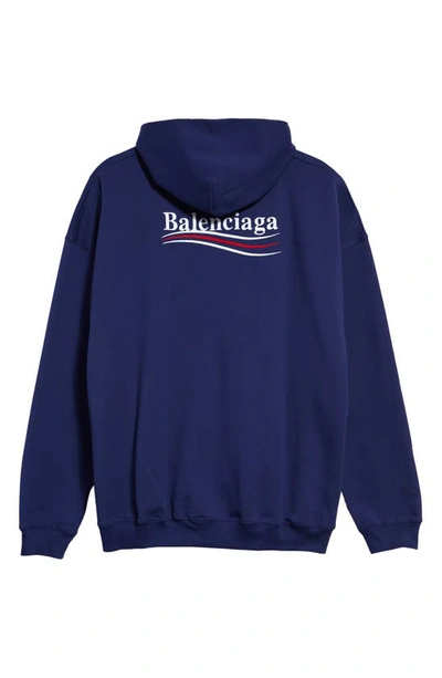 Shop Balenciaga ' Campaign Embroidered Logo Oversize Cotton Hoodie In Pacific Blue/ White