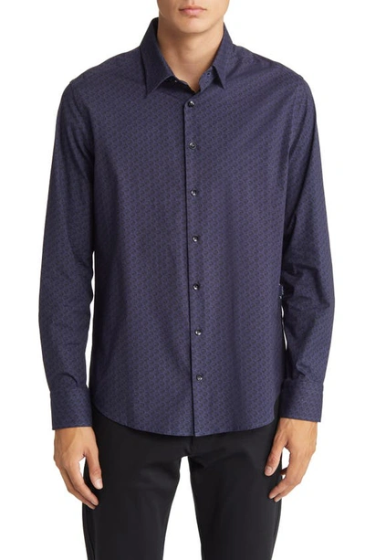 Shop Stone Rose Skull Print Stretch Cotton Button-up Shirt In Navy