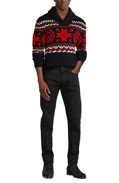 Shop Ralph Lauren Purple Label Shawl Collar Cashmere Sweater In Classic Black W/ Cream And Red