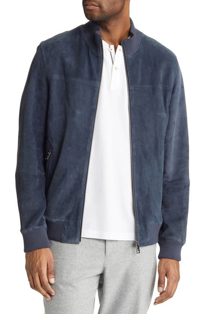 Peveril Suede Bomber Jacket In Navy
