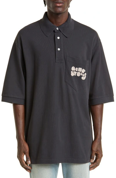 Acne Studios Oversized Polo Shirt With Embroidered Logo In Grey | ModeSens