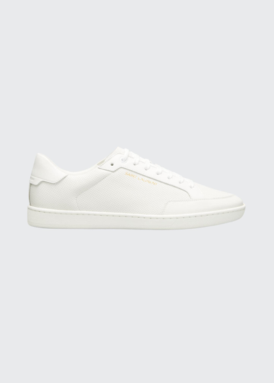 Shop Saint Laurent Men's Sl/06 Signature Perforated Leather Low-top Sneakers In Optic White