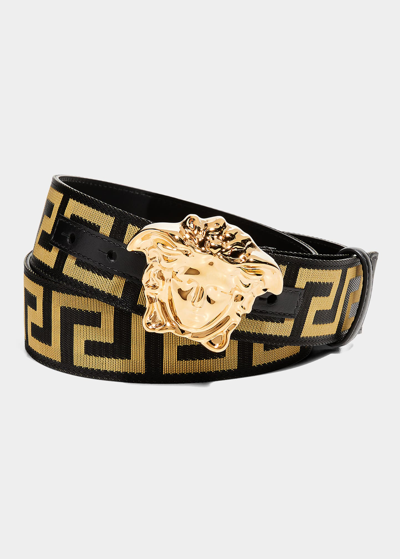 Shop Versace Men's Tonal Medusa/greek Key Web Belt In Blackgold-