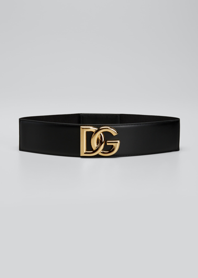 Shop Dolce & Gabbana Dg High-waist Stretch Leather Belt In Black/gold