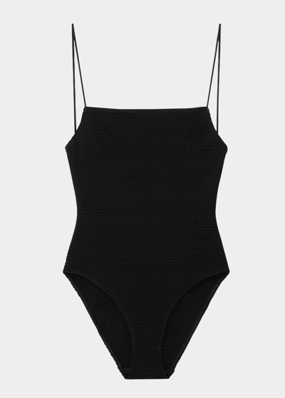 Shop Totême Smocked Square-neck One-piece Swimsuit In Black 200