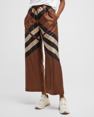 Shop Burberry Noemi Check Silk Wide-leg Ankle Pull-on Pants In Dark Birch Brown