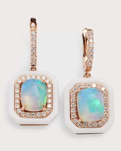 Shop David Kord 18k Rose Gold Earrings With Opal Cushions, Diamonds And White Frame, 3.93tcw