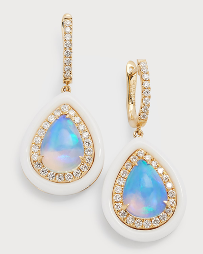 Shop David Kord 18k Yellow Gold Earrings With Pear-shape Opal, Diamonds And White Frame, 3.07tcw