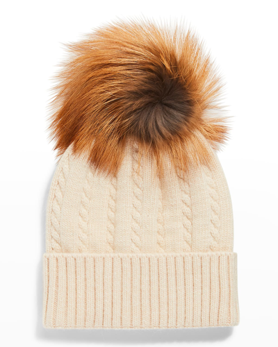 Shop Gorski Knit Beanie W/ Fox Fur Pompom In Ivory/gold Fox