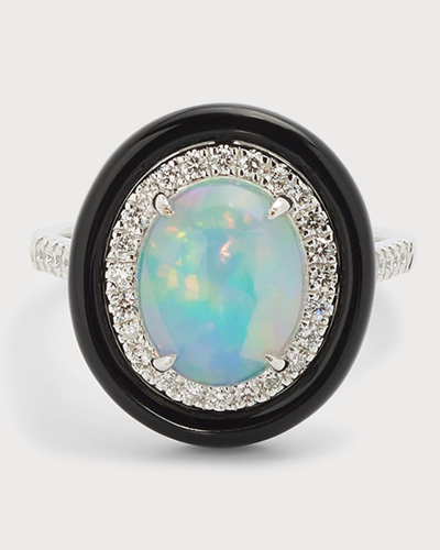 Shop David Kord 18k White Gold Ring With Opal Oval, Diamonds And Black Frame, 2.16tcw