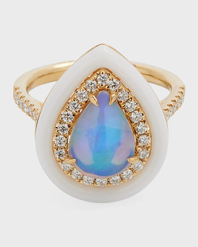 Shop David Kord 18k Yellow Gold Ring With Pear-shape Opal, Diamonds And White Frame, 1.43tcw