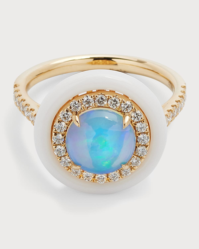 Shop David Kord 18k Yellow Gold Ring With Round Opal, Diamonds And White Frame, 0.99tcw