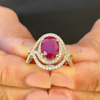 Pre-owned Ruby 14k White Gold Oval  And Diamonds Engagement Ring Deco Bridal Halo 4.50ct In Red