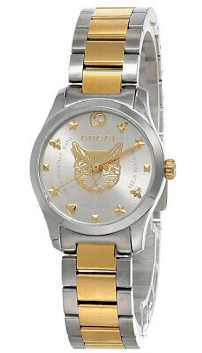Pre-owned Gucci G-timeless 27mm Gold Pvd Dial Two-tone Women's Watch Ya126596