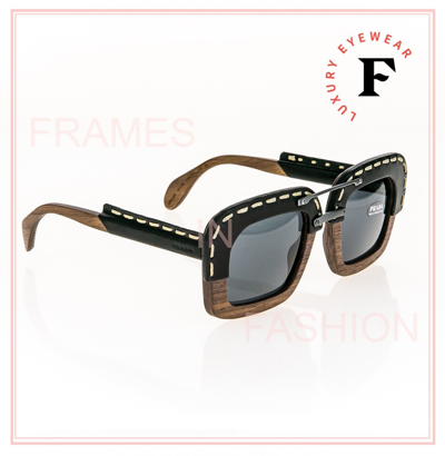 Pre-owned Prada 26r Raw Nut Canaletto Black Leather Wood Sunglasses Square Pr26rs Unisex In Gray
