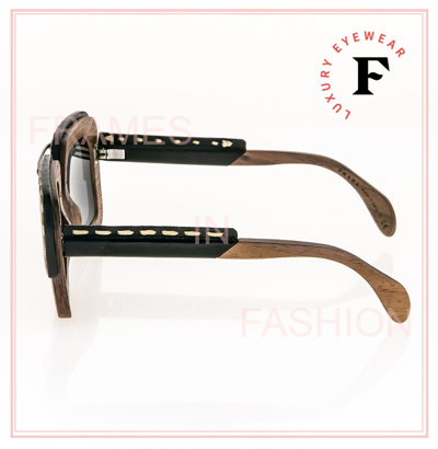 Pre-owned Prada 26r Raw Nut Canaletto Black Leather Wood Sunglasses Square Pr26rs Unisex In Gray